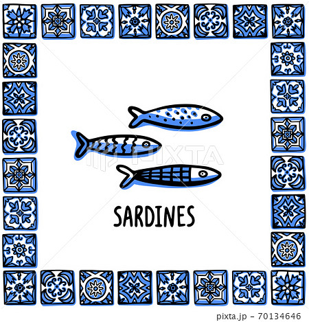 Portugal landmarks set. Fresh shellfish, traditional delicacy seafood. Shellfish in frame of Portuguese tiles. Sketch style vector illustration, for souvenirs, magnets, post cards Portugal landmarks set. Fresh shellfish, traditional delicacy seafood. Shellfish in frame of Portuguese tiles. Sketch style vector illustration, for souvenirs, magnets, post cards 70134646