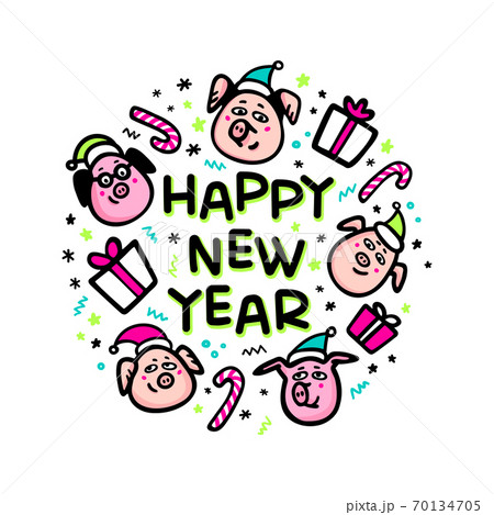 Happy new year Pig greeting card. Funny pig with gift and santa hats. 2019 Chinese New Year symbol. Doodle style characters for greeting cards, print, icon, sticker. Vector illustration. 70134705