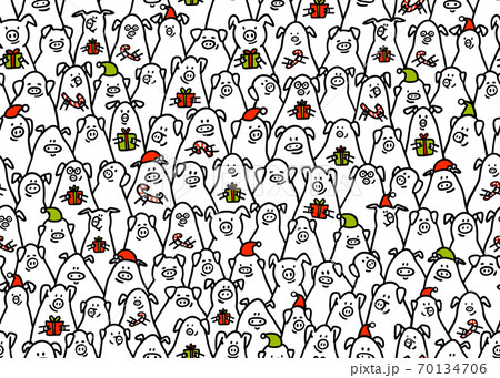 Pig seamless pattern. Funny pigs with candy canes, gifts and santa hats. 2019 Chinese New Year symbols. Doodle style characters for backgrounds, print, wrapping paper. Vector illustration. Pig seamless pattern. Funny pigs with candy canes, gifts and santa hats. 2019 Chinese New Year symbols. Doodle style characters for backgrounds, print, wrapping paper. Vector illustration. 70134706