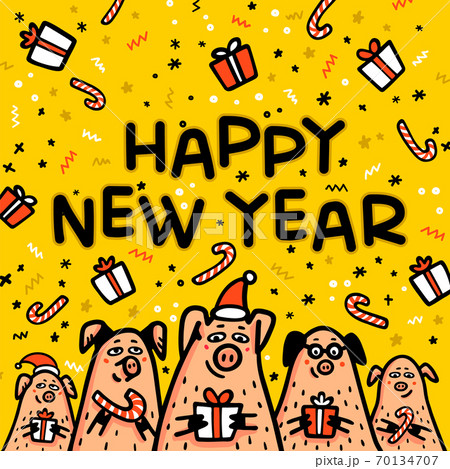 Happy new year Pig yellow greeting card. Funny pigs with candy canes, gifts and santa hats. 2019 Chinese New Year symbol. Doodle style characters for cards, print, icon, sticker. Vector illustration. Happy new year Pig yellow greeting card. Funny pigs with candy canes, gifts and santa hats. 2019 Chinese New Year symbol. Doodle style characters for cards, print, icon, sticker. Vector illustration. 70134707