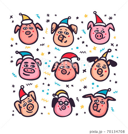 Santa Pigs. Funny pigs with santa hats. 2019 Chinese New Year symbol. Doodle style characters for greeting cards, print, icon, sticker. Vector illustration. 70134708