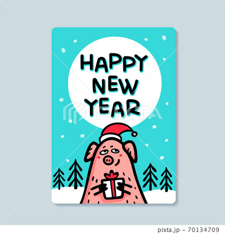 Happy new year Pig greeting card. Funny pig with gift and santa hats. 2019 Chinese New Year symbol. Doodle style characters for greeting cards, print, icon, sticker. Vector illustration. 70134709