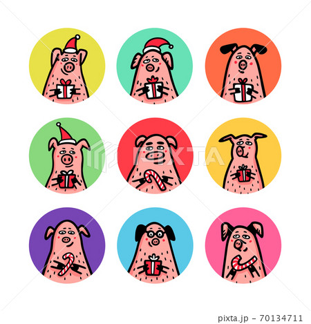 Round shape stickers set. Funny pigs with candy canes, gifts and santa hats. 2019 Chinese New Year symbols. Doodle style characters for greeting cards, print, icon, sticker. Vector illustration. 70134711