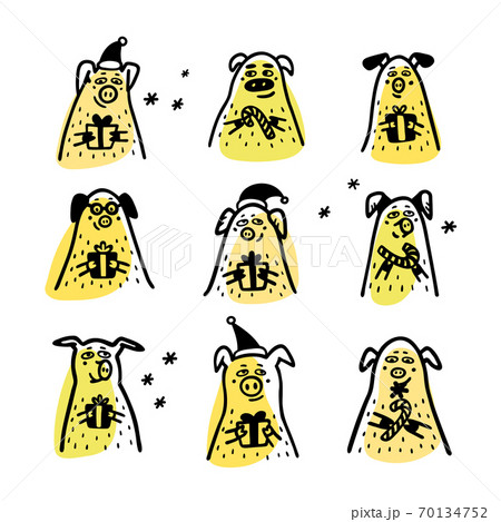 Pig set. Funny pigs with candy canes, gifts and santa hats. 2019 Chinese New Year symbols. Doodle style characters for greeting cards, print, icon, sticker. Vector illustration Pig set. Funny pigs with candy canes, gifts and santa hats. 2019 Chinese New Year symbols. Doodle style characters for greeting cards, print, icon, sticker. Vector illustration 70134752
