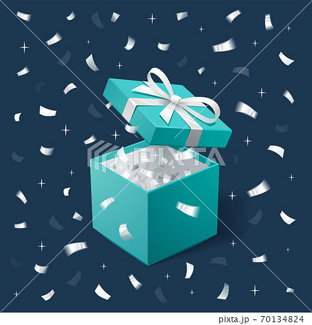 Gift Box and silver Confetti. Teal jewelry box on dark background. Template for cosmetics and jewelry shops. Christmas Background. Vector Illustration 70134824