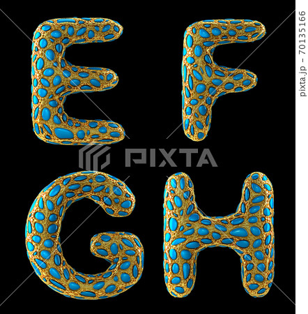Letter set E, F, G, H made of realistic 3d render golden shining metallic. 70135166