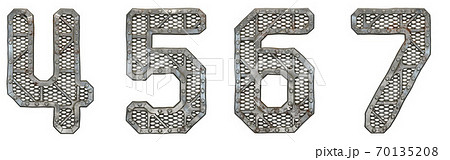 Mechanical alphabet made from rivet metal with gears on white background. Set of numbers 4, 5, 6, 7. 3D 70135208