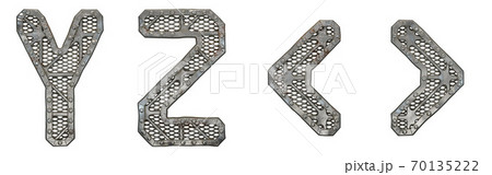 Mechanical alphabet made from rivet metal with gears on white background. Set of letters Y, Z and symbol left, right angle bracket. 3D 70135222