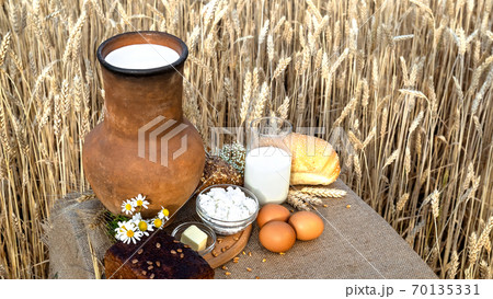 Organic food - milk, bread, eggs, cheese, butter lying on the table, against the background of a wheat field. 70135331