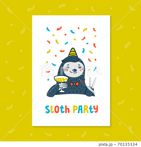 Animal party. Lazy sloth party. Cute sloth with champagne 70135334