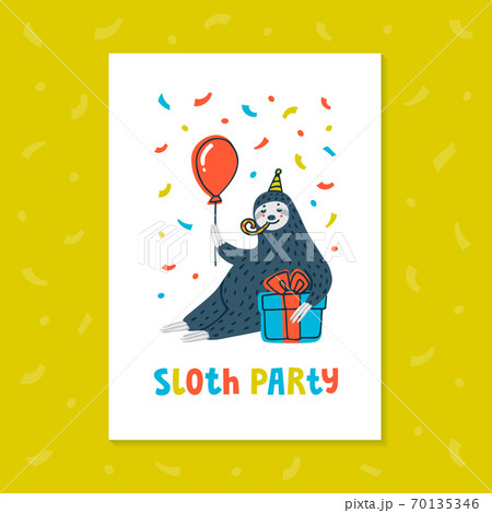 Animal party. Lazy sloth party. Cute sloth with gift and baloon. Vector illustration. 70135346