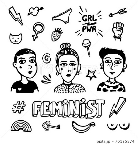 Black and white Feminist symbols set. Feminist movement, protest, girl power. Black and white Vector illustration 70135574