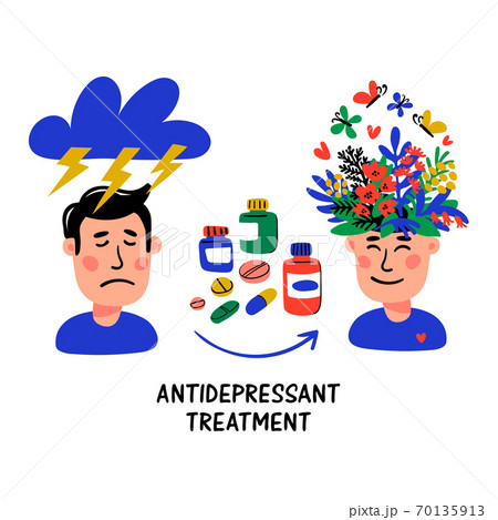 Psychology. Antidepressant treatment. Medication in jars and pills. Medical cure against stress and depression. Doodle style flat vector illustration. 70135913
