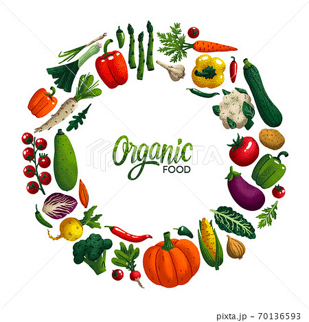 Round shape frame with Vegetables. Variety of decorative vegetables with grain texture isolated on white. Organic food round composition for restaurant menu, market label. Vector illustration. 70136593