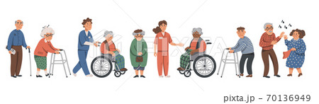 Elderly people and social workers. Grandparents and nurses on a white background. Vector illustration in a flat style. 70136949