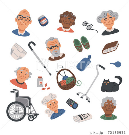 Senior lifestyle flat icons set with elderly people portraits and elements. Nursing home. Senior people healthcare assistance flat Vector illustration. 70136951