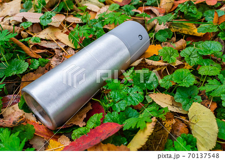 A deodorant thrown out on the lawn in an aluminum can lies on the grass with autumn leaves A deodorant thrown out on the lawn in an aluminum can lies on the grass with autumn leaves 70137548