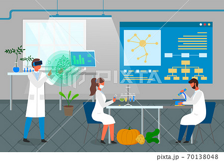 Scientists exploring plant breeding, growing from tubes, using microscope, virtual reality glasses 70138048