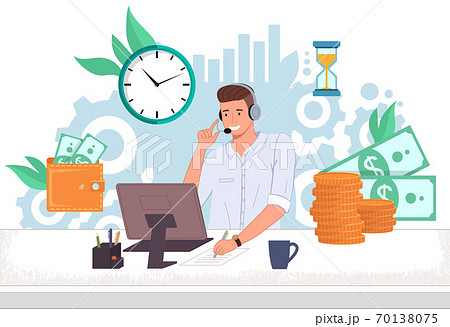 Man operator finance support call center ot hotline at the computer speaks with client online 70138075