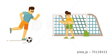 Happy father and son playing football together vector 70138433