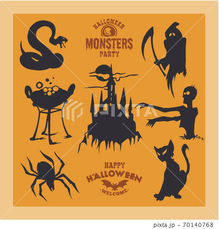 Set of monsters for Halloween. A collection of black silhouettes of mystical creatures. Vector illustration of monsters and witches. 70140768