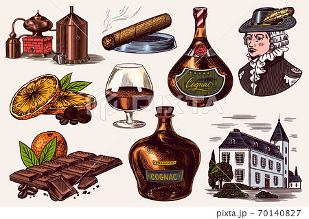 Cognac and hand with glass, bottles with labels, cigar and cocktail, sweets and farm, chocolate and 70140827