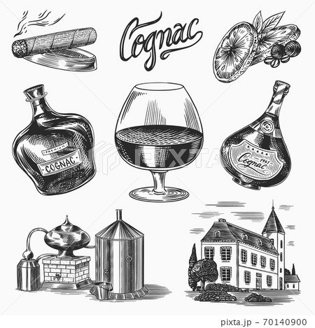 Cognac and glass. Bottles with labels, cigar and cocktail, sweets and farm, chocolate and man 70140900