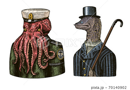 Octopus sailor. Sea captain and Muraena eels. Fashion Animal character. Nautical Seaman or nautical Octopus sailor. Sea captain and Muraena eels. Fashion Animal character. Nautical Seaman or nautical 70140902