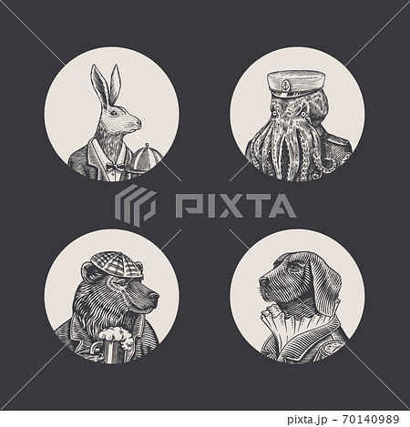 Grizzly Bear with a beer mug. Octopus sailor and Hare or Rabbit waiter. Dog officer. Fashion animal 70140989