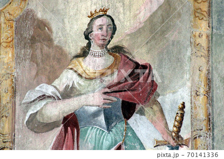 St. Catherine (or Katharine) of Alexandria, fresco in the Church of All Saints, Sesvete, Croatia, Europe 70141336