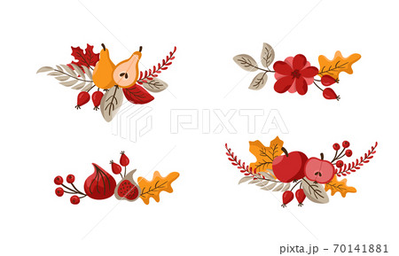 Set of vector bouquet Autumn wreath design template print with flower cotton, leaves, fruits and berries. October harvest background illustration for Happy Thanksgiving Day. Fall Nature Set of vector bouquet Autumn wreath design template print with flower cotton, leaves, fruits and berries. October harvest background illustration for Happy Thanksgiving Day. Fall Nature 70141881
