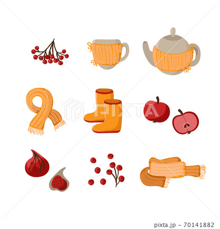 Vector autumn cute set. Hand drawn fall elements berries, scarf, teapot, cup and fruits. Autumn clip art for web card poster cover tag invitation sticker illustration 70141882