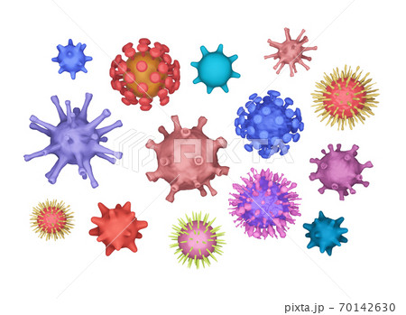 Different kinds of viruses, coronavirus, COVID-19, herpes. Biology organisms backdrop in collage style. Many different viruses on a white background. Background for presentation. Pathogen viruses 70142630