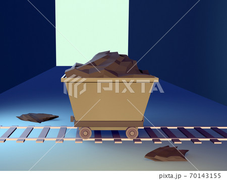 Coal trolley on rails in the mine. 3d illustration 70143155