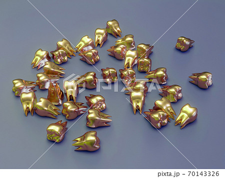 Golden molar teeth, gold crown teeth on table. 3d illustration 70143326