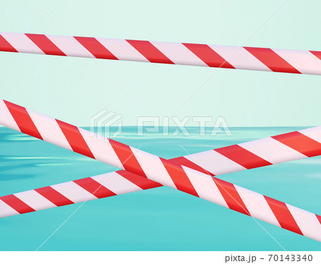 Closed beach with prohibition tapes. Blue surface of the sea. Delayed vacation background, tourism in decline, 3d render 70143340