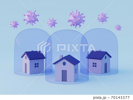 Houses under Transparent glass dome and virus cells. Stay home concept. Coronavirus protection. Quarantine, Isolation. 3d illustration 70143377