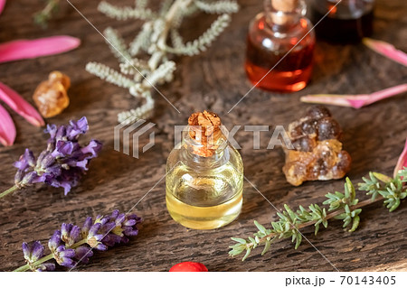 A bottle of essential oil with frankincense, thyme, lavender, echinacea and other  plants 70143405