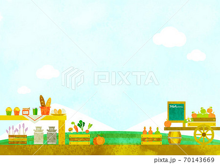 高原のマルシェの背景イラスト 手描き水彩テクスチャのイラスト素材