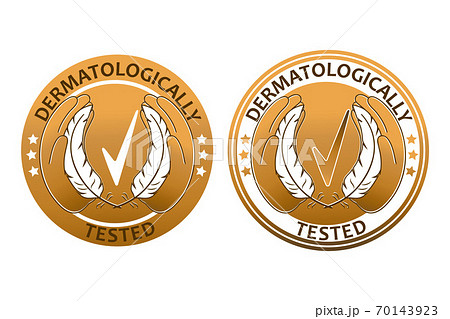 Dermatologically tested icon. Package label of healthy skincare product with allergy free formula.Hands hold feathers near the quality mark. Hypoallergenic test tag in medicine and cosmetology. 70143923