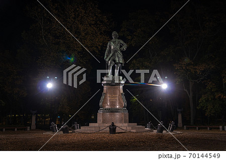 Russia. Kronshtadt. Autumn night photo of the monument to Peter the Great in Petrovsky Park. 70144549