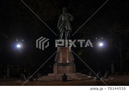 Russia. Kronshtadt. Autumn night photo of the monument to Peter the Great in Petrovsky Park. 70144550