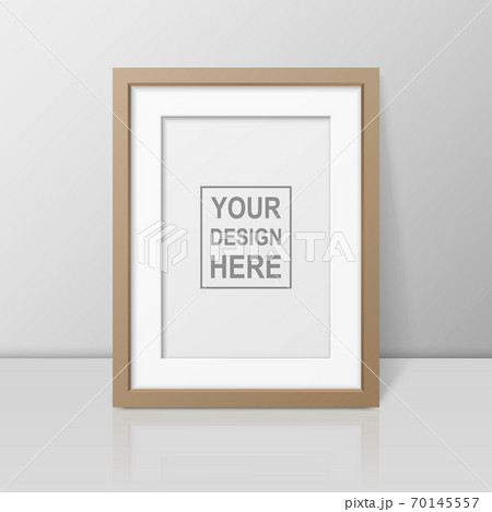 Vector 3d Realistic A4 Brown Wooden Simple Modern Frame on a Glossy White Shelf or Table with Reflection Against a White Wall. It can be used for presentations. Design Template for Mockup, Front View Vector 3d Realistic A4 Brown Wooden Simple Modern Frame on a Glossy White Shelf or Table with Reflection Against a White Wall. It can be used for presentations. Design Template for Mockup, Front View 70145557