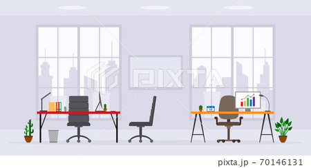 Design of modern empty office work place front view vector illustration. Flat style table, desk, chair, computer, desktop, window isolated on skyscraper 70146131