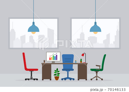 Design of modern empty office working place front view vector illustration. Flat style table, desk, blue chair, computer, desktop, plant, lamp isolated on cityscape silhouette Design of modern empty office working place front view vector illustration. Flat style table, desk, blue chair, computer, desktop, plant, lamp isolated on cityscape silhouette 70146133