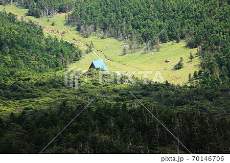 初秋の北八ヶ岳　北横岳への登山道から縞枯山荘を見下ろす 70146706