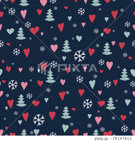 Seamless pattern with cute forest. Pine trees, hearts, Christmas trees, fir, snowflake. Vector 70147813
