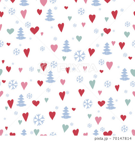 Seamless pattern with cute forest. Pine trees, hearts, Christmas trees, fir, snowflake. Vector Seamless pattern with cute forest. Pine trees, hearts, Christmas trees, fir, snowflake. Vector 70147814