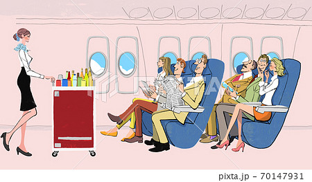 飛行機で機内食を待つ人たちとキャビンアテンダントのイラスト素材