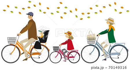 秋のサイクリングをする家族のイラストのイラスト素材